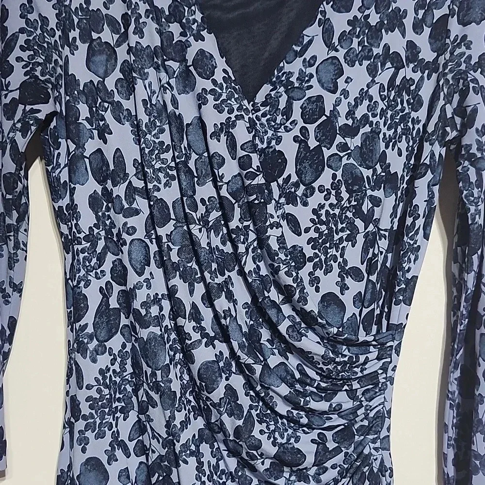 Tory Burch Blue Floral Ruched Dress Size S V-Neck 3/4 Sleeve Designer